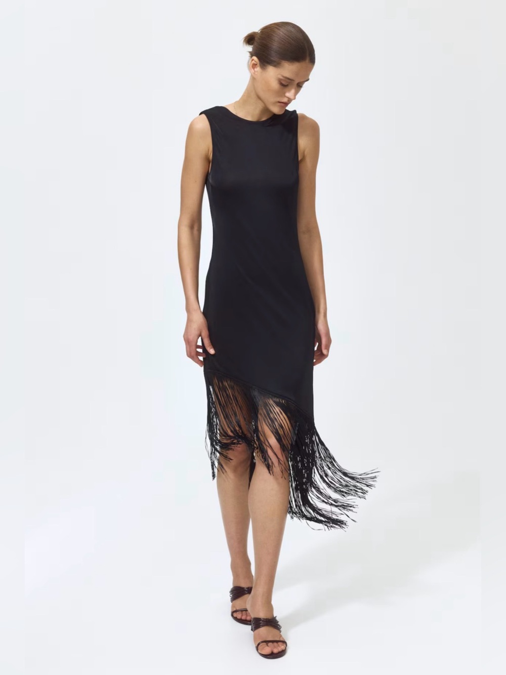 H&M Black Asymmetrical Fringe Midi Dress